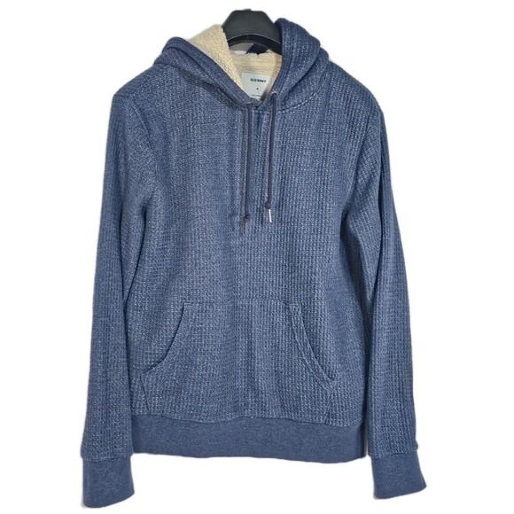 Old Navy Pullover Mens Blue Ribbed Sherpa Lined Waffle Knit Pockets Hoodie Sz M - Picture 3 of 6